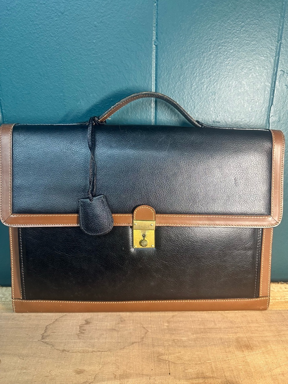 Vintage BALLY Italy Leather Briefcase Black Brown Executive Document Bag Brass